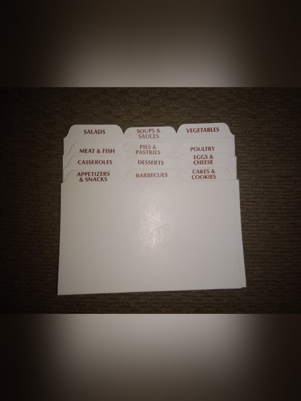 Vintage Recipe Box Card Category Separators.  12 individual cards total